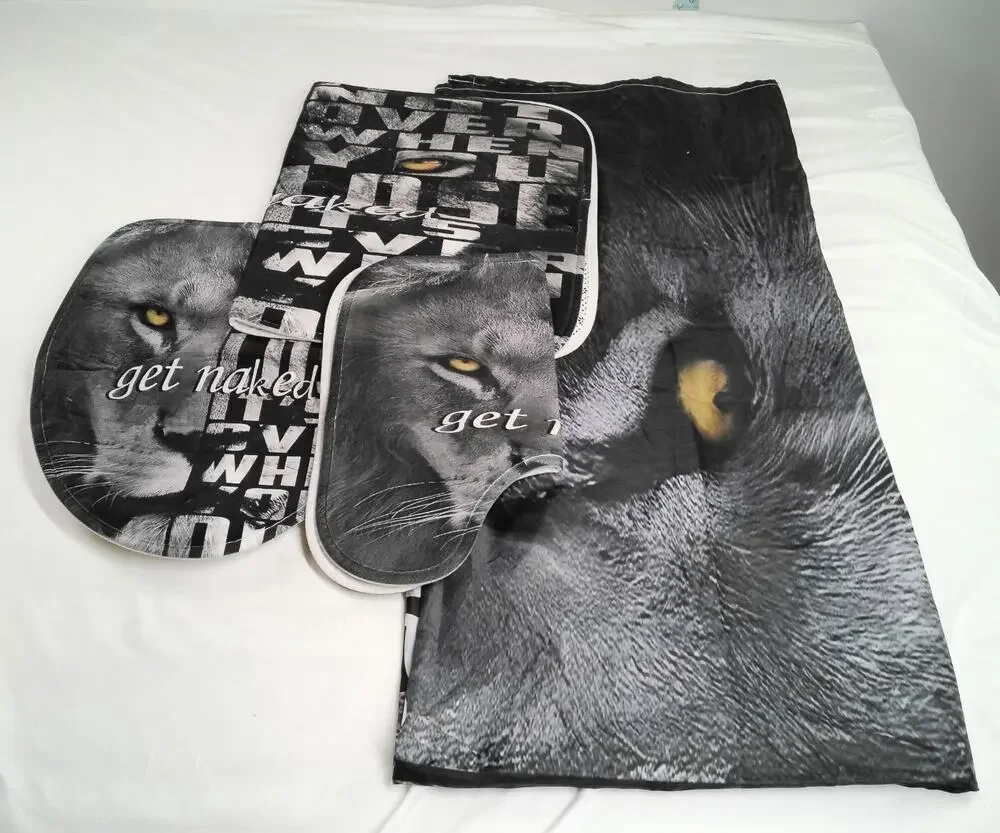 Lion Bathroom Set Lot Shower Curtain Bath Mat Rug Toilet Lid Cover “Get Naked”